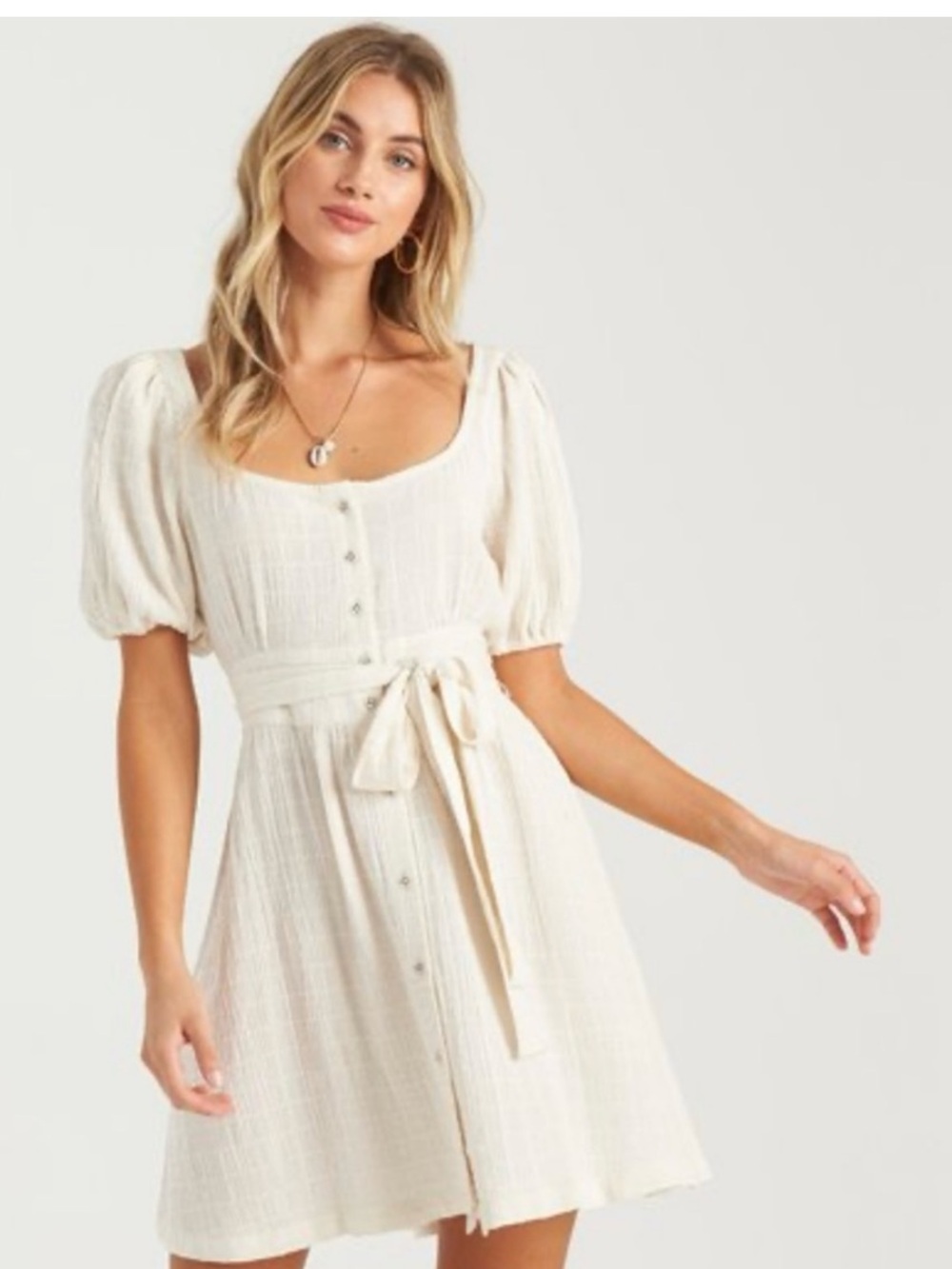 BILLABONG | Button-Front White Textured Cotton Dress with Belt Size Large